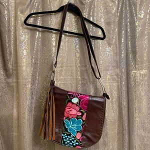 Borssa Brown Colorful Embroidered Floral Mexican Boho Real Leather Small Purse N